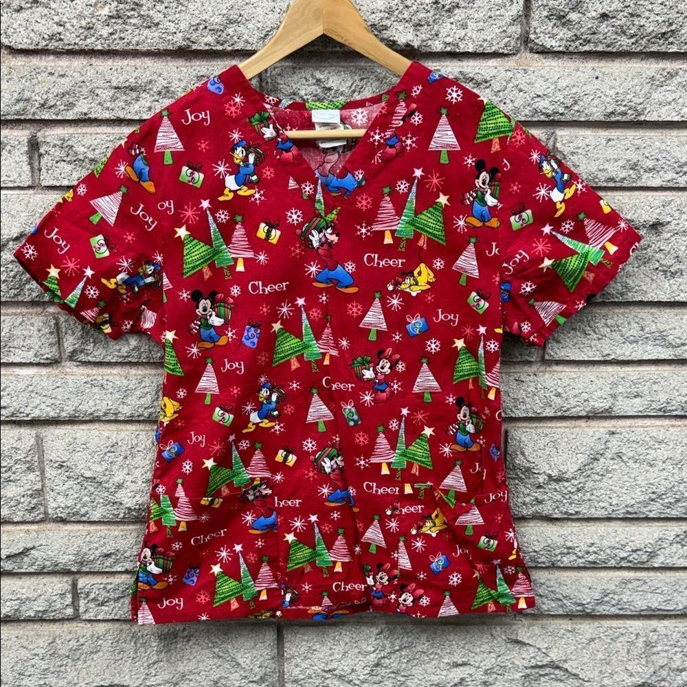 Disney Red Holiday Print Women's Scrub Top
